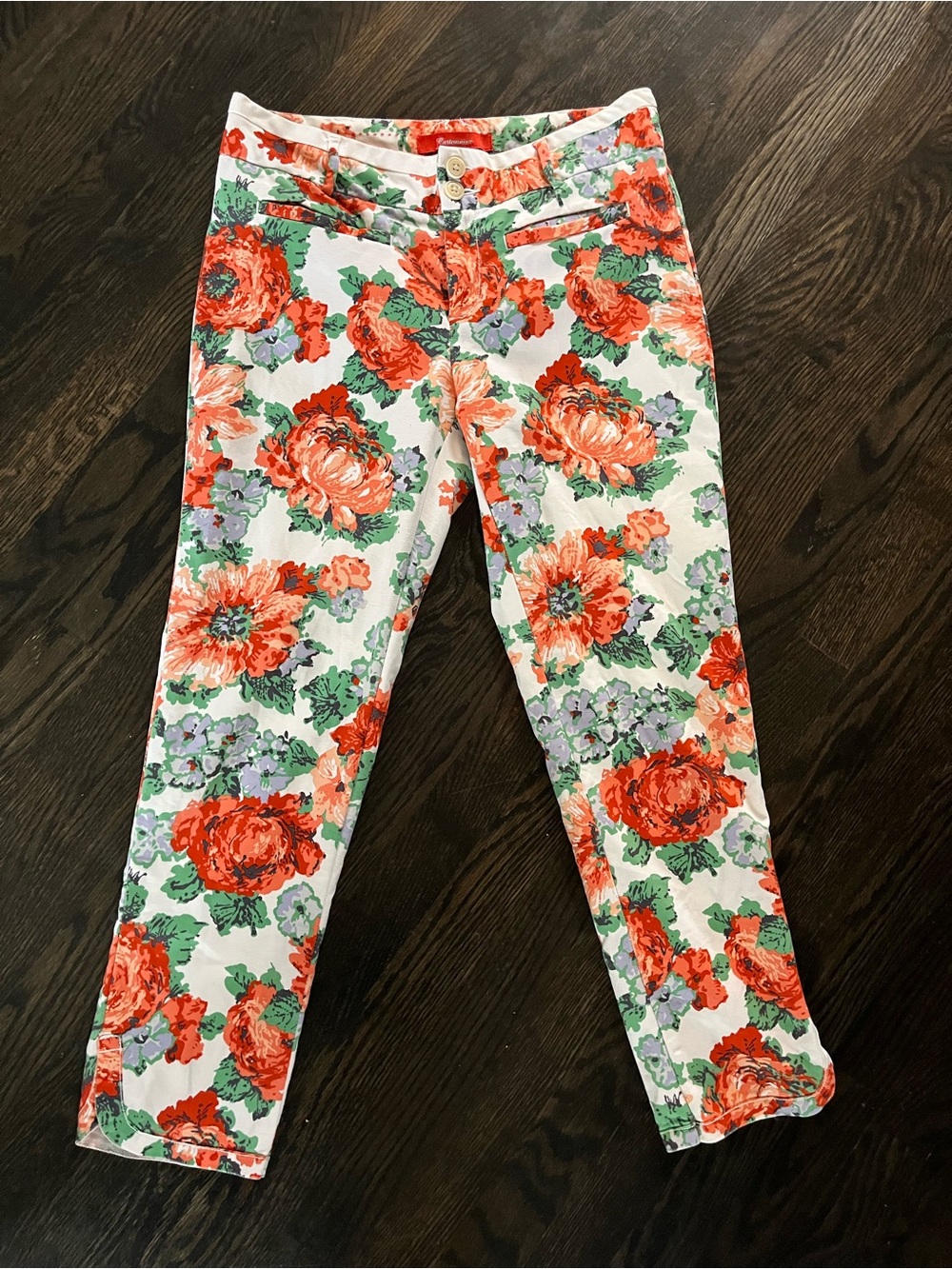 Anthropologie Cartonnier Red Floral Cotton Cropped Stretch Pants Pockets Size 6